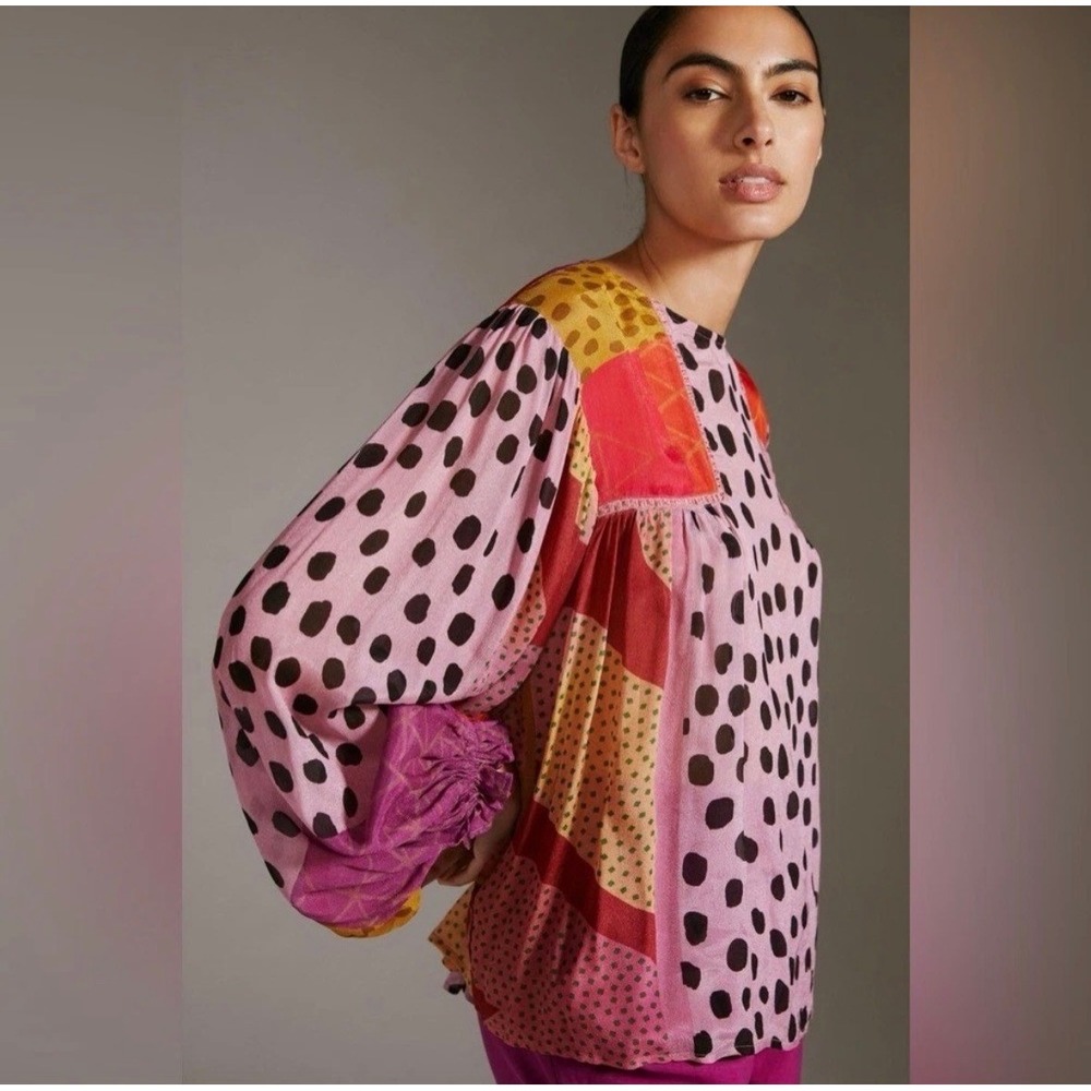 Anthropologie Bl-nk London Miranda Peasant Blouse Pink Red Patchwork Medium